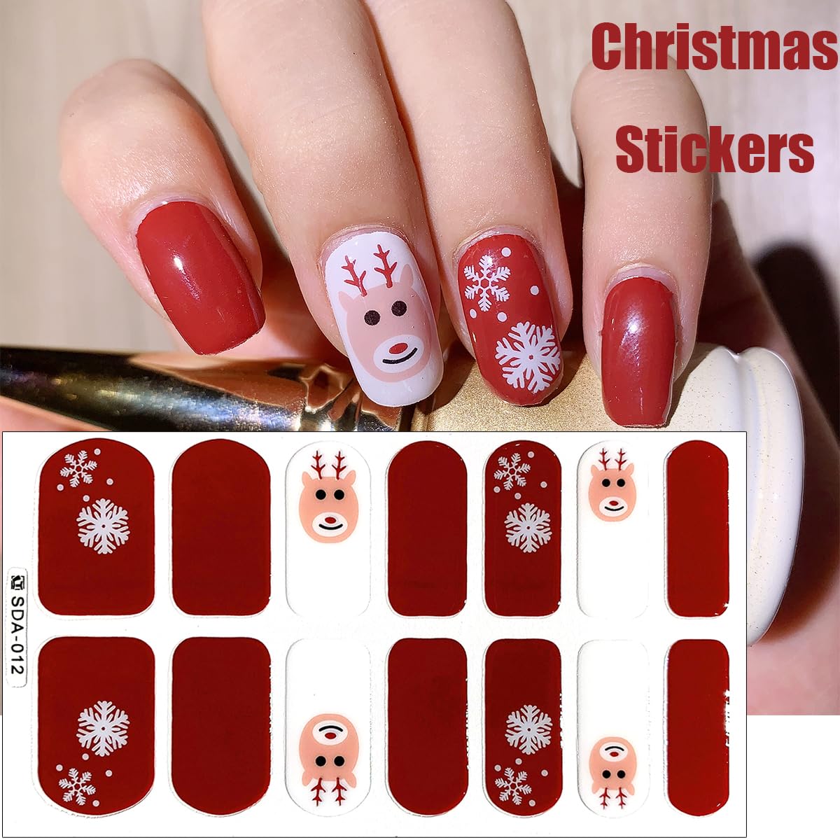 6Sheets Christmas Nail Wraps 3D Snowman Polish Strips Self-Adhesive Winter Gel Stickers Santa Claus Xmas Bell Reindeer Design for Nails Decorations