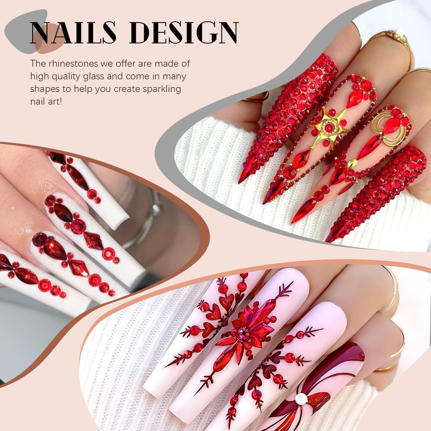 2680Pcs Red Glass Nail Rhinestones 120Pcs Multi Shapes Flatback Nail Gems + 2560Pcs 1.5-4mm Round Crystal, Manicure Nail Charms Diamond Gemstones for Acrylic Nails Decoration