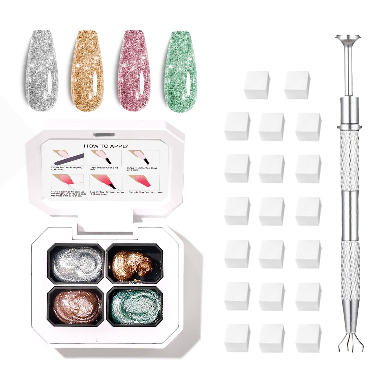 Finger Secret 4 Colors Ombre Gel Nail Polish,Glitter Ombre Pigment Palette Pat Patting Gel with 20Pcs Nail Sponges for Nail Painting Gel Nail Art in Salon or Home Use (k5)