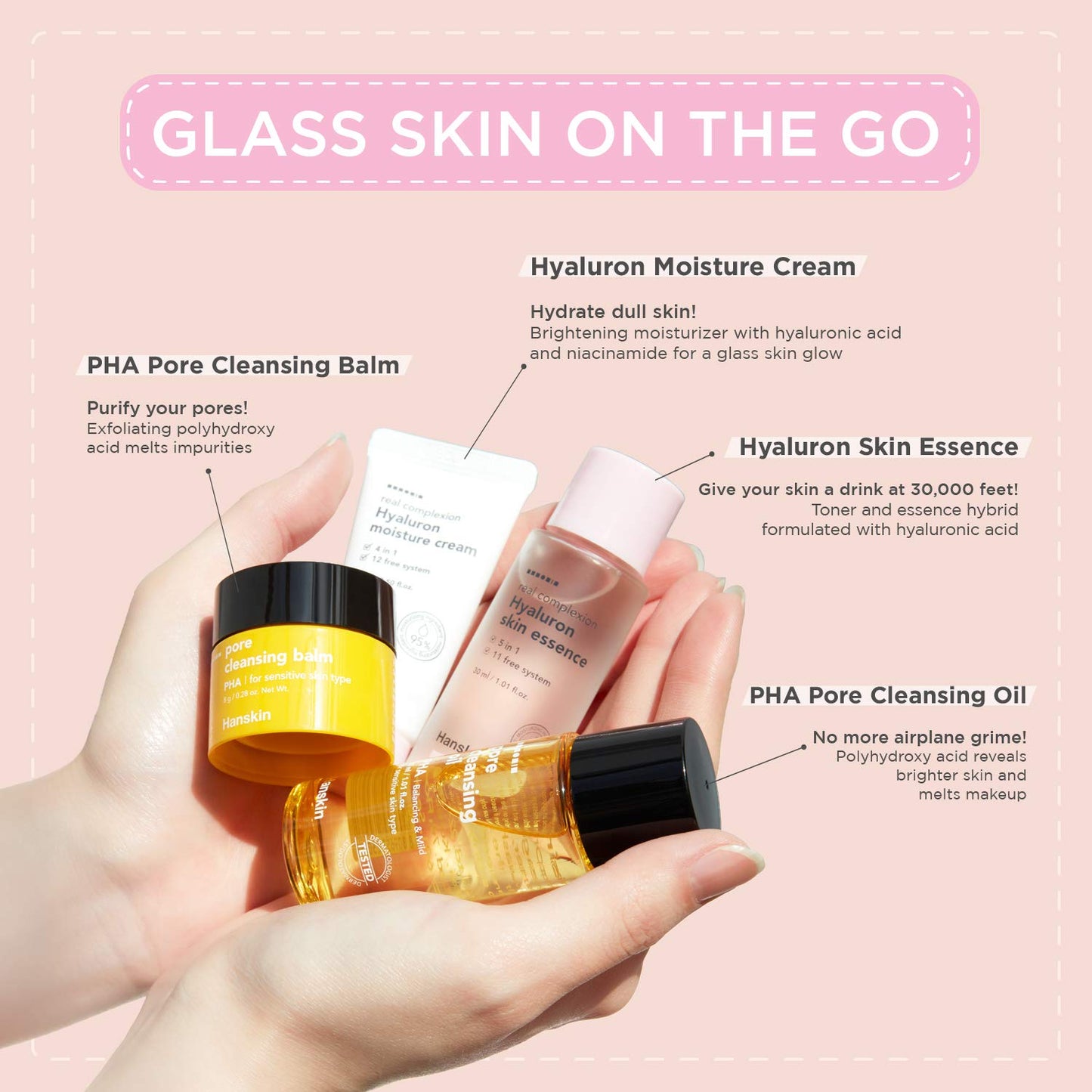Hanskin Glass Skin On The Go Kit, Travel Friendly Hydrating Skincare Set for Glowing Skin, Cleansers, Skin Essence Toner and Moisturizer, Korean Skin Care [Set of 4 / 30 ml each]