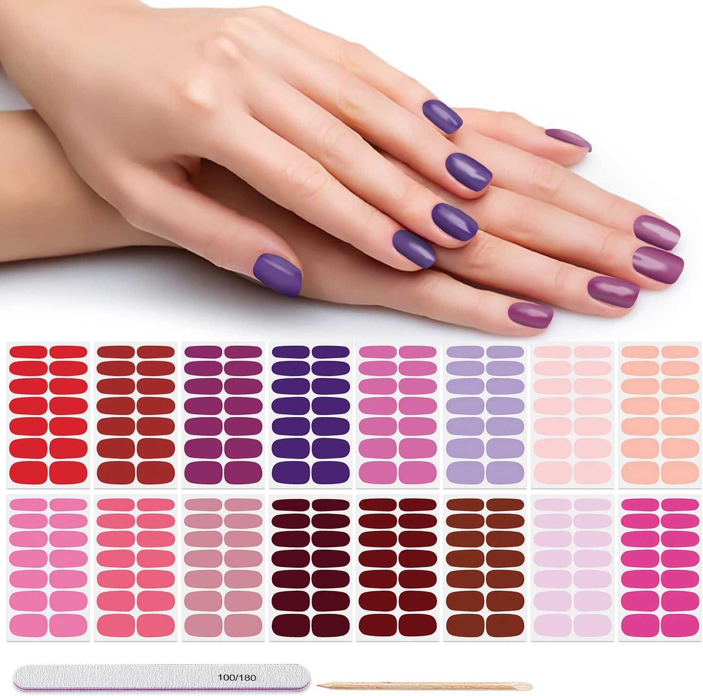 DANNEASY 16 Sheets Pink Red Nail Wraps Solid Color Nail Polish Strips for Women Gel Nail Strips Self Adhesive Nail Polish Stickers Fingernail Stickers Manicure Kit with 1pc Nail File, Cuticle Stick