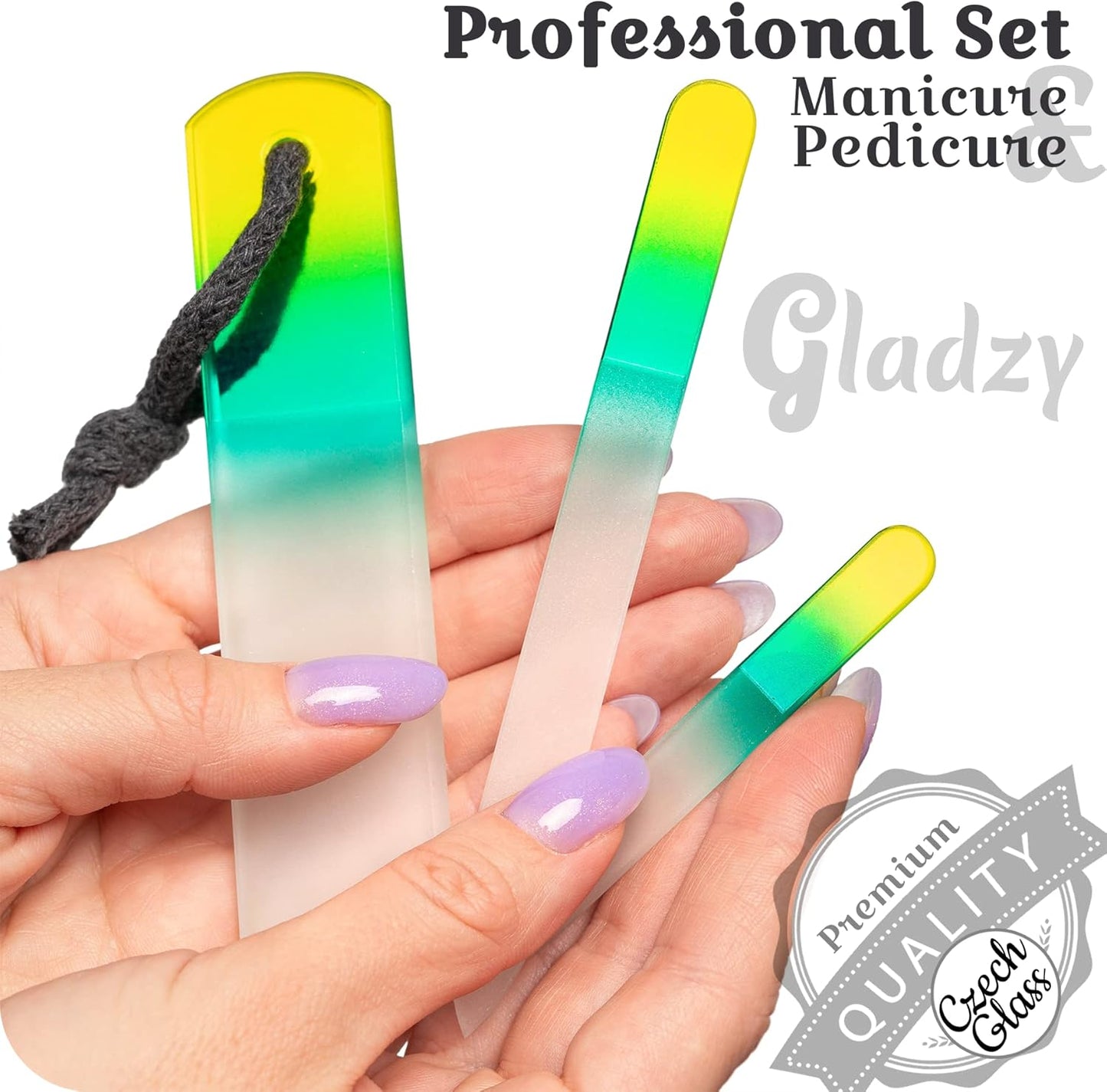 GLADZY Genuine Czech Glass Nail File Set - Callus Remover Foot Rasp, Double Sided Different Grit Surface, Professional Manicure and Pedicure Tools for Natural Nails, Nail Shaper, Ethically Made in EU