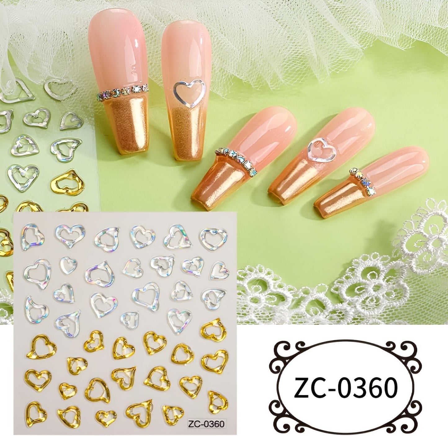 8Sheets 5D Embossed Valentine's Day Heart Nail Art Stickers - Blue Pink Aurora Gold Decals for Women Girls - Cute Nail Supplies