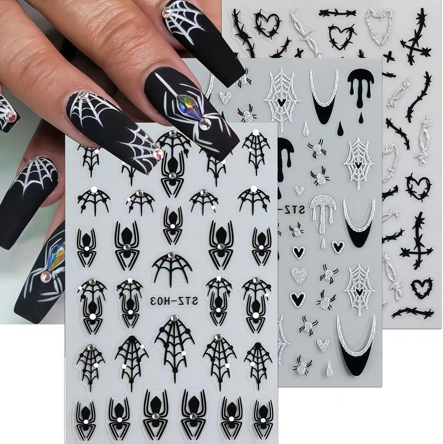 6 Sheets Shiny Crystal Diamonds Spider Nail Art Stickers Halloween Nail Stickers Self-Adhesive Spider Web Spiders Heart French Tip 3D Nail Art Design Decals Festival DIY Manicure Decoration for Women