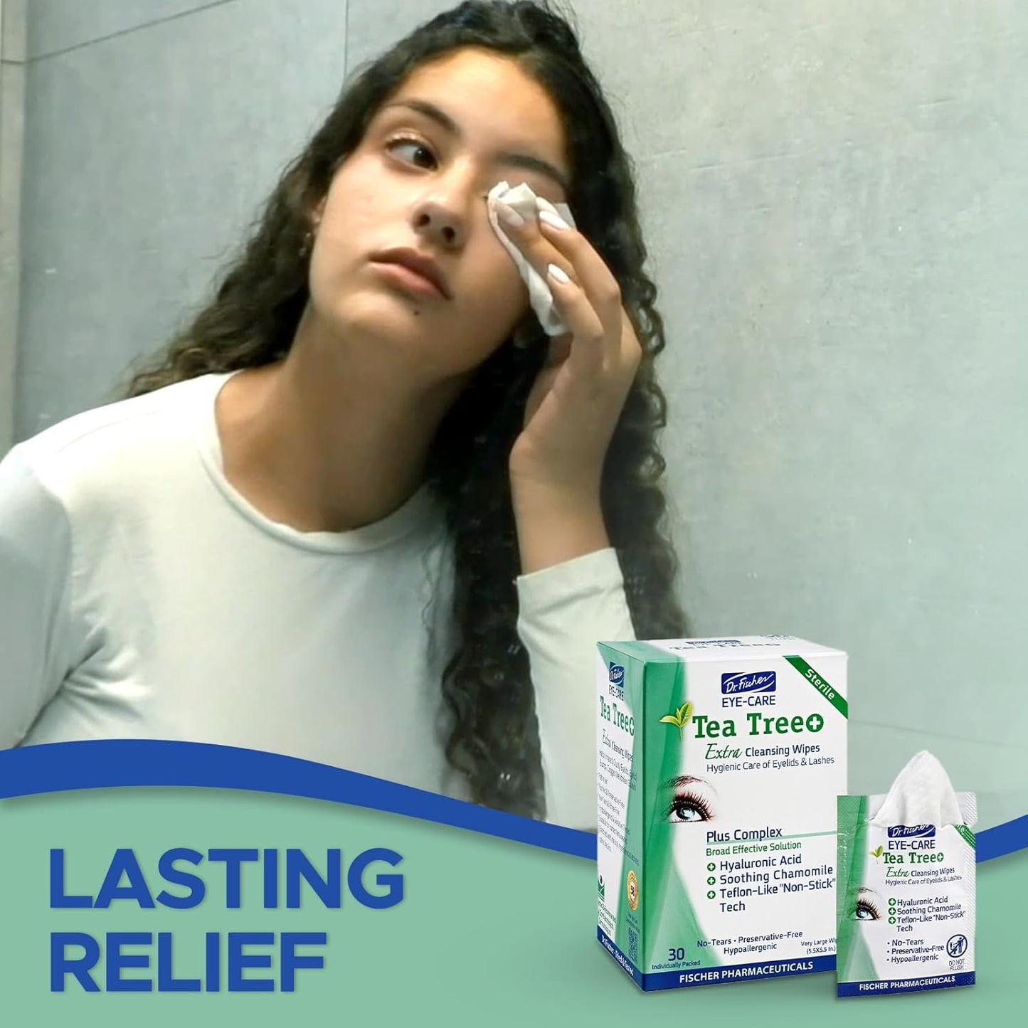 Dr. Fischer Tea Tree Oil Eye Wipes - Eyelid Wipes for Sensitive Eyes with Hyaluronic Acid and Chamomile, Makeup Remover, Daily Cleanser (60 wipes)