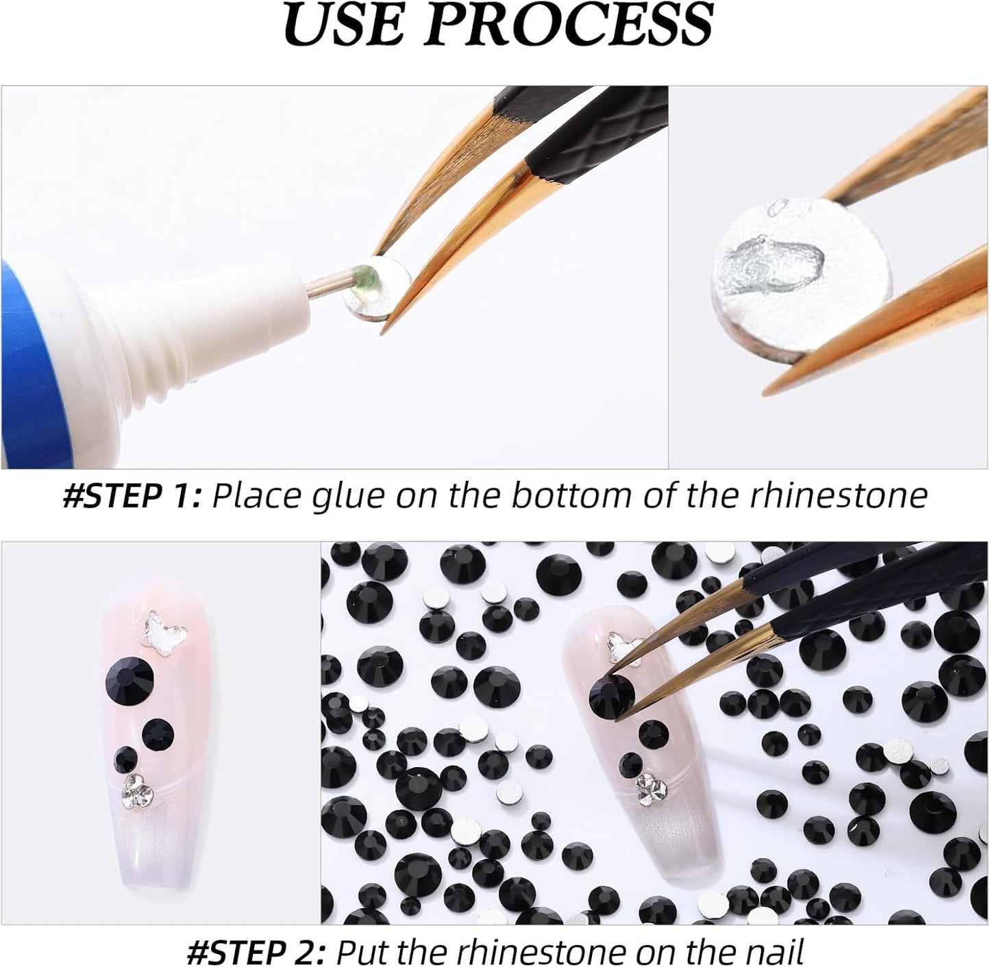 Black Flatback Rhinestones, Glass Rhinestones for Nail Art and Craft, Glue Fix, Loose Crystal Gemstones(Black, SS12, 1440pcs, 2.9-3.0mm)