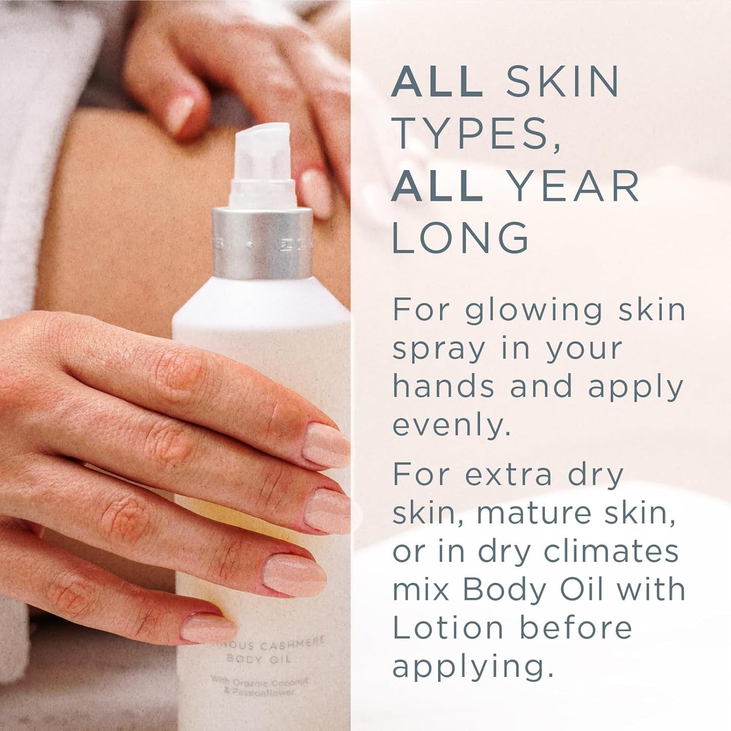 Zents Luminous Cashmere Body Oil (Fresh Fragrance) | Moisturizing Body Oil with Vitamin E & Organic Coconut Oil | Softens & Smooths Skin | 8 fl oz