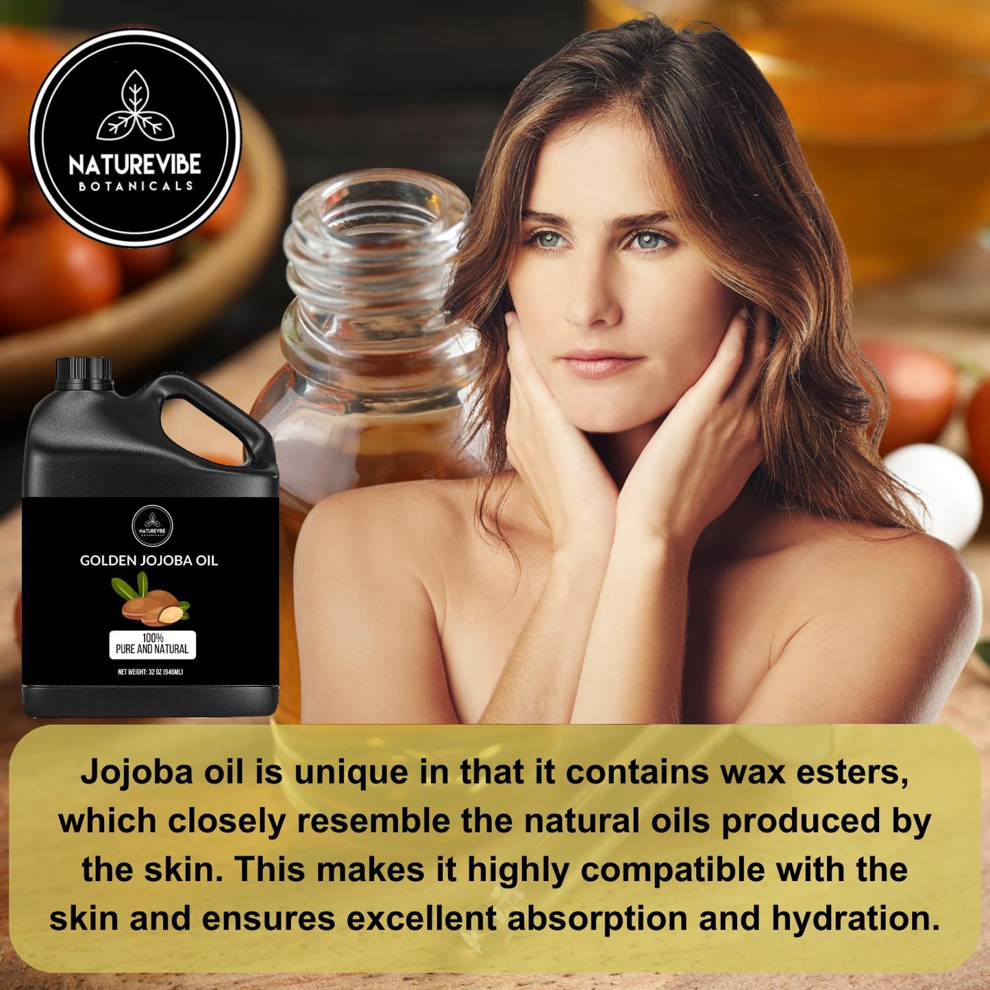 Naturevibe Botanicals Golden Jojoba Oil 32 oz – 100% Pure, Cold-Pressed Moisturizer for Skin & Hair | Antioxidant-Rich, Non-Greasy, Carrier Oil & Daily Hydration