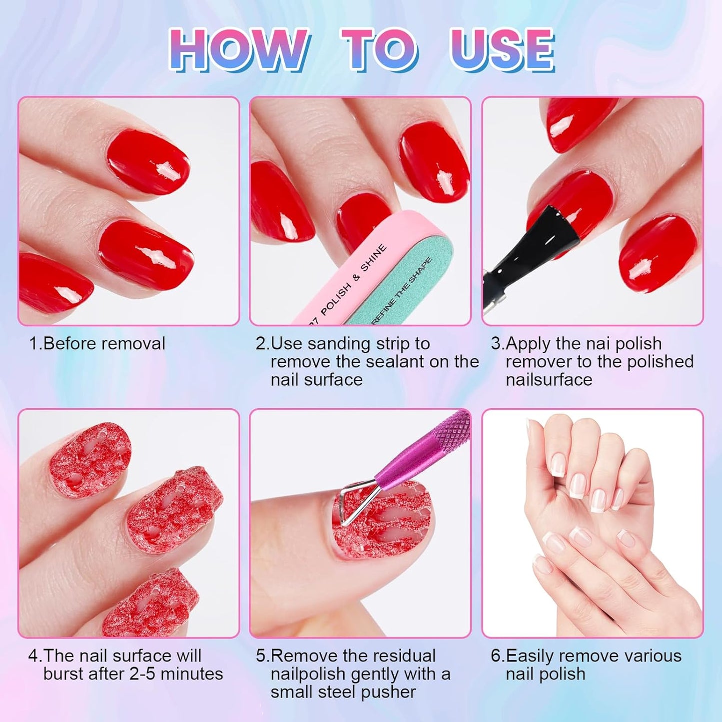 Gel Nail Polish Remover, Professional Gel Polish Remover for Nails Non-Irritating Easily & Quickly Remove Nail Polish, Gel Remover Tools Kit Nail File Cuticle Pusher Nail File Grit