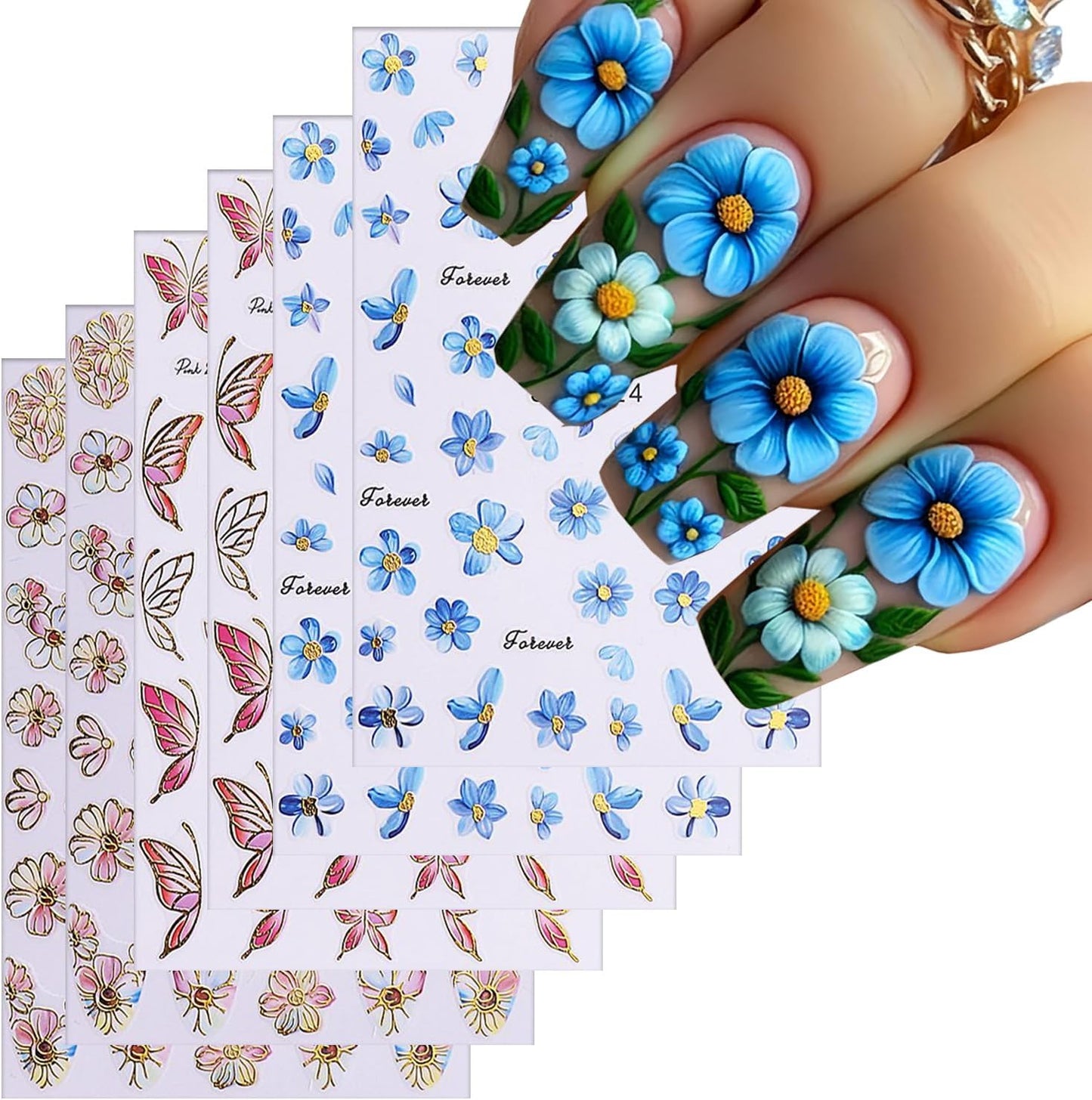 Flower Nail Art Stickers 3D Self-Adhesive Nails Sticker Butterfly Nail Art Decals Holographic Golden Floral Butterfly Nail Decal Decoration for Women Blue Blossom Manicure DIY Nail Sticker Supplies