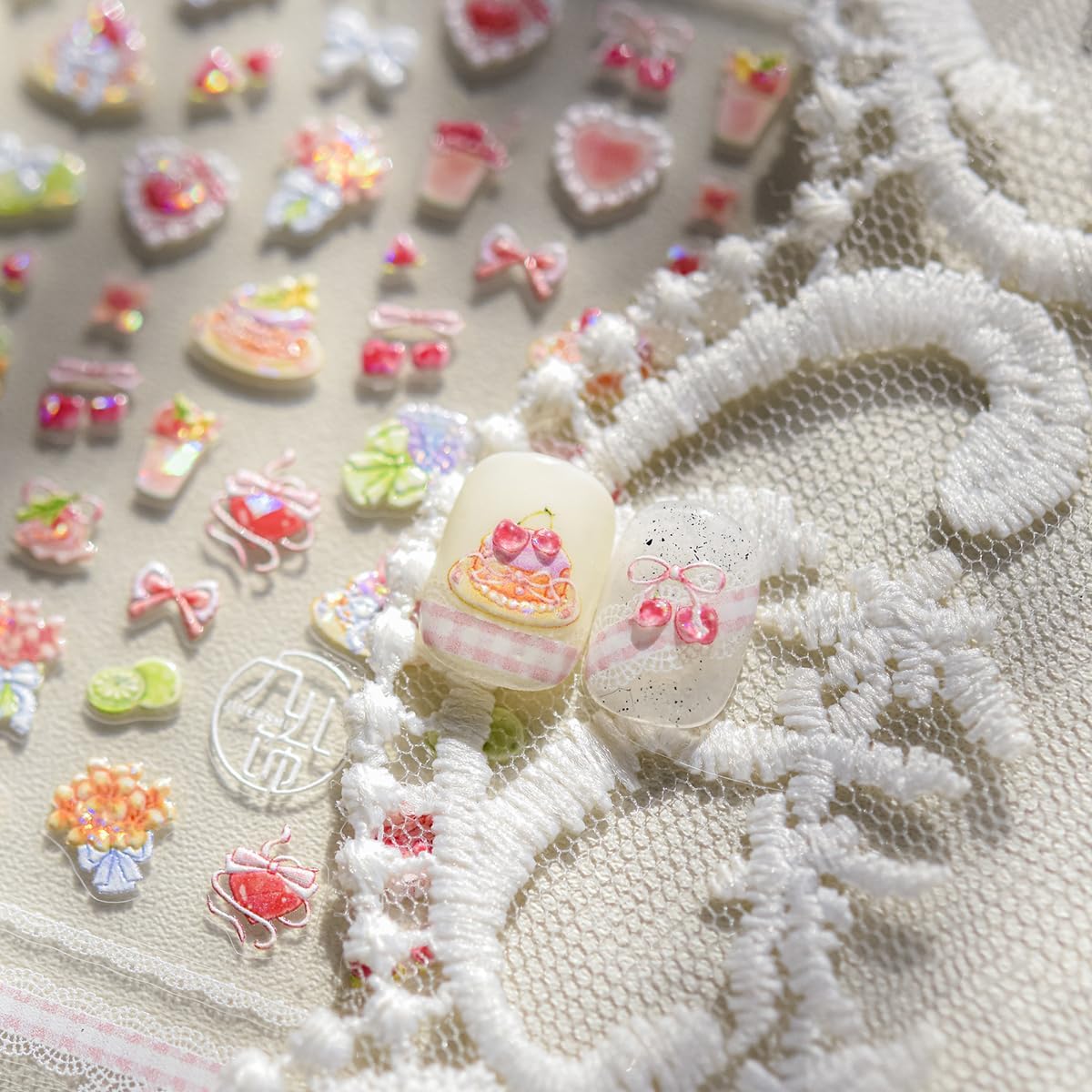 5D Embossed Shortcake Nail Stickers for Nail Art Pink Bow Heart Nail Decals Summer Cute Stickers for Nails Designs Self Adhesive Nail Supplies & Decorations for Women Girls 1 Sheet