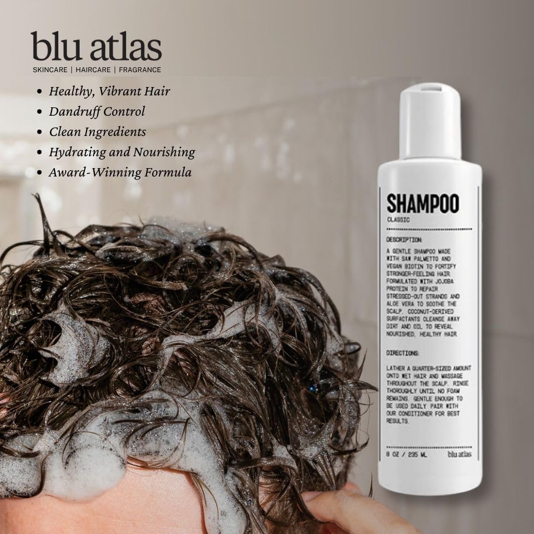 Blu Atlas Men's Natural Shampoo – Organic, Sulfate-Free, Paraben-Free – Deep Cleansing & Hydrating – Classic Scent (Bergamot, Sage, Patchouli) – Made in America– 8 oz
