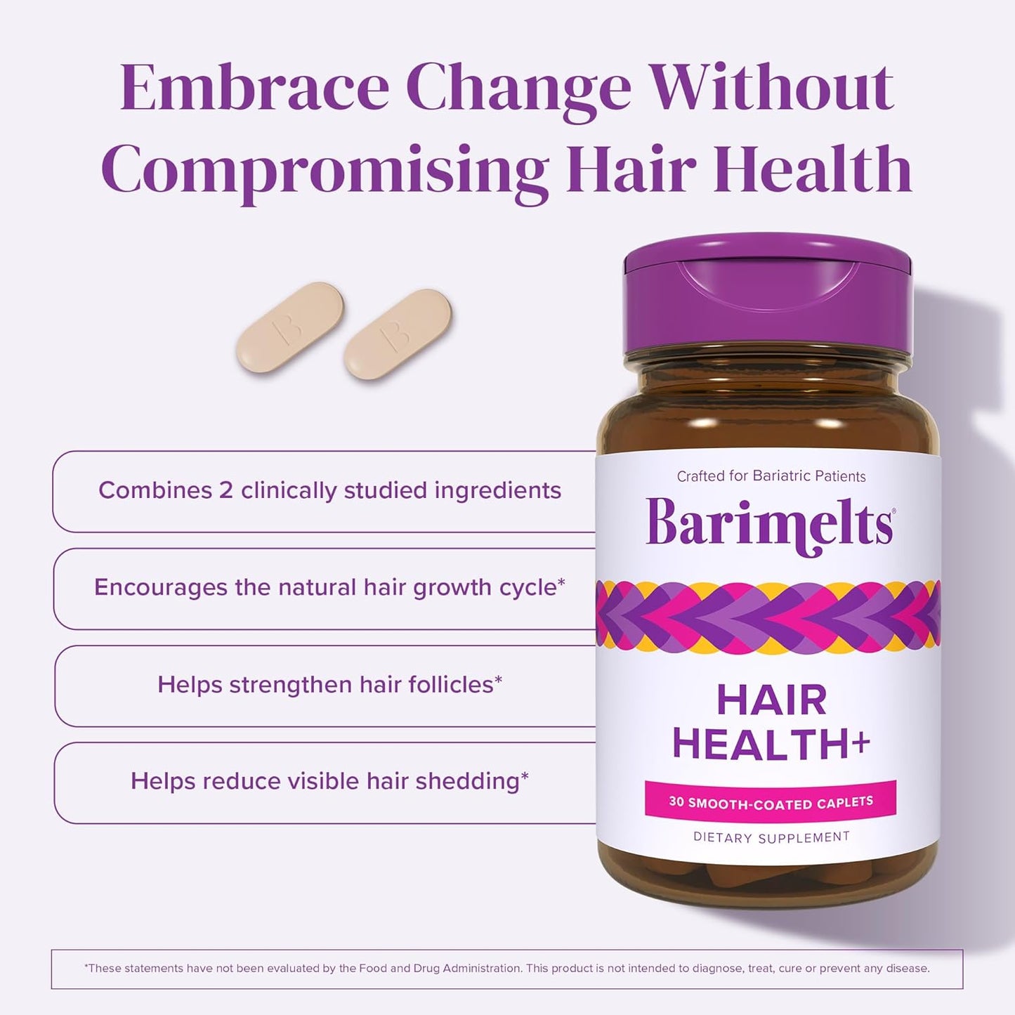 Barimelts Hair Health+ for GLP-1 Users and Bariatric Patients - Hair Growth Supplement Helps Reduce Visible Hair Thinning - 30 Smooth-Coated Caplets (1-Month Supply)