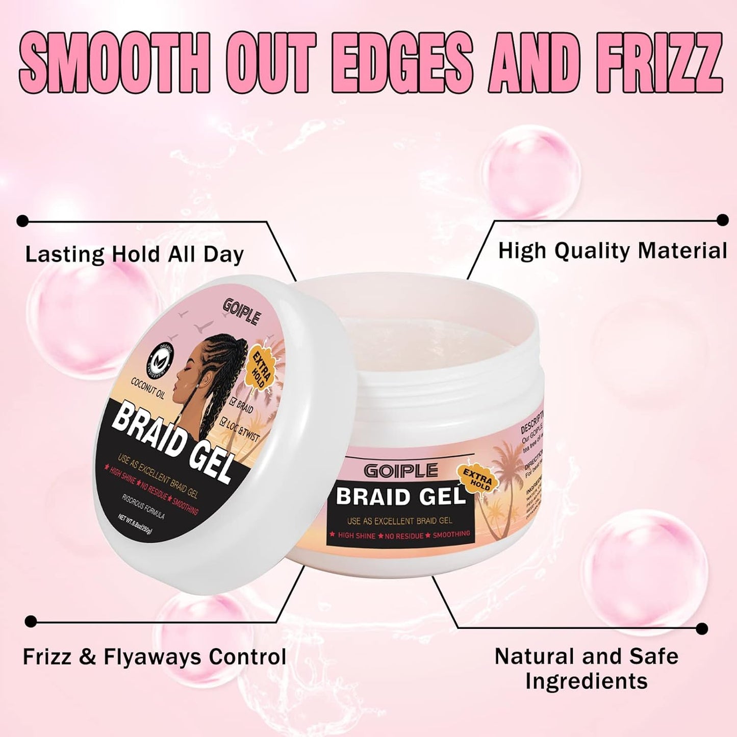 Braid Gel Good for Twist, Locs, Braids, Edge No Flake Extra Hold High Shine Braiding Gel & Edge Control, Loc Gel Long Lasting for Locks, Cornrows Smooths & Tames Frizz 8.8oz (Strawberry Flover)