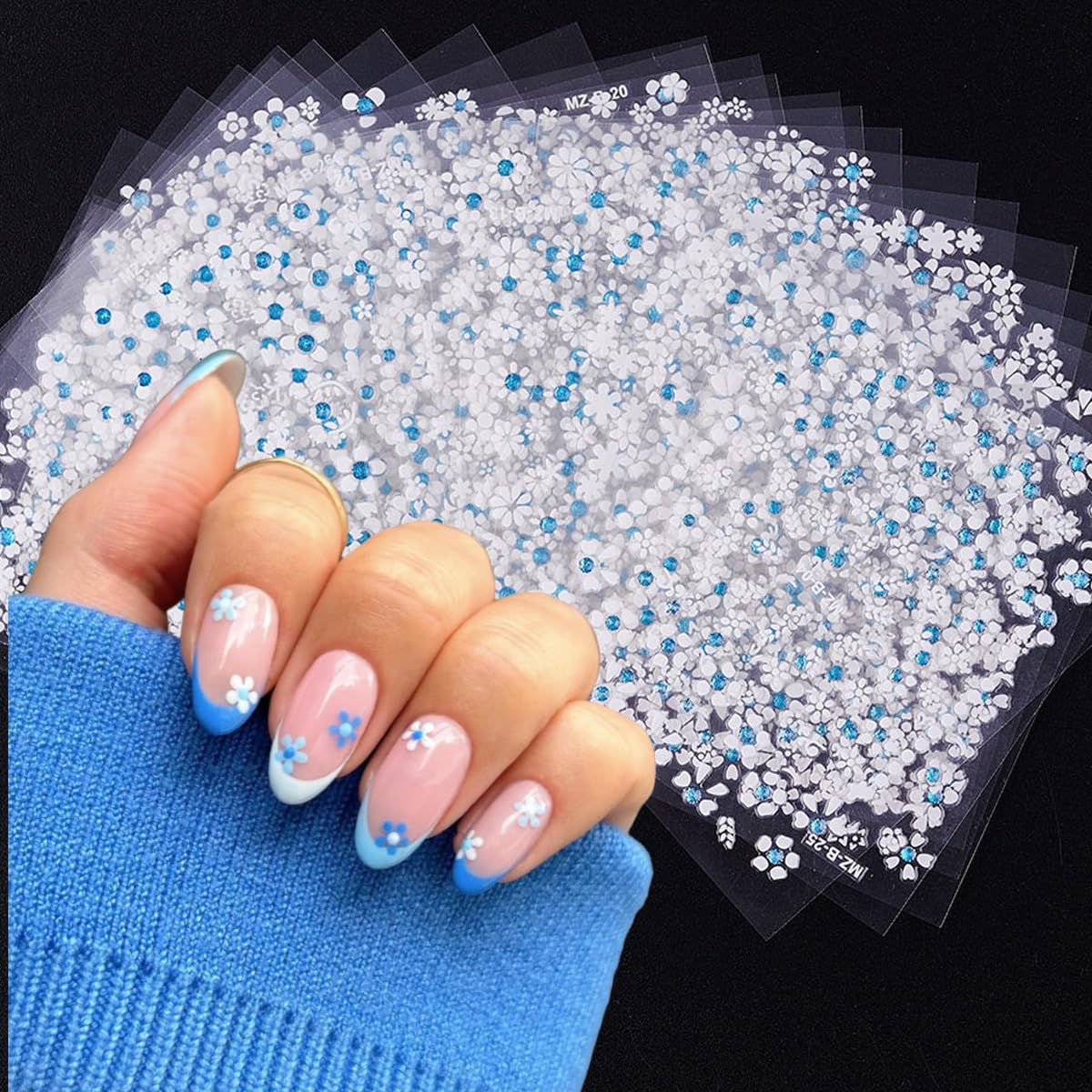 30Pcs White Flower Nail Art Stickers Decals- Daisy Floral Cherry Blossoms Nail Stickers Blue Rhinestone Nail Designs Sticker for Gel Nails 3D Self-Adhesive Spring Nail Decals for Nail Art Decoration