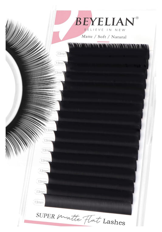 BEYELIAN Flat Eyelash Extension, Ellipse Lash Extensions 0.15 D Curl 13mm 16 Rows Matte Black Eyelash Extension Supplies Classic Lash Extensions Individual Eyelashes Salon Use