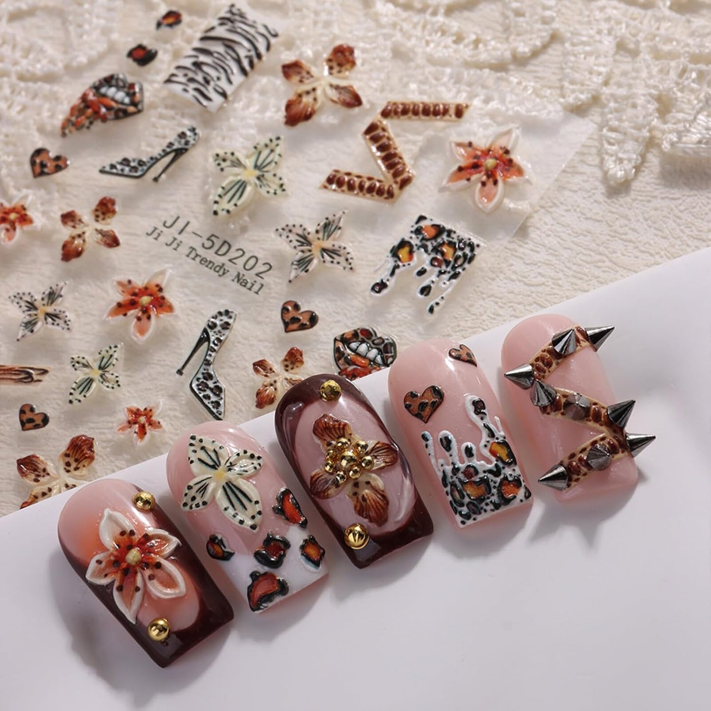 Fall Stickers para Uñas Nail Stickers Self-Adhesive Sticker para Uñas Leopard Print 3D Flower Floral Nail Stickers Art Design Accessories Hight Quality 2 Sheets