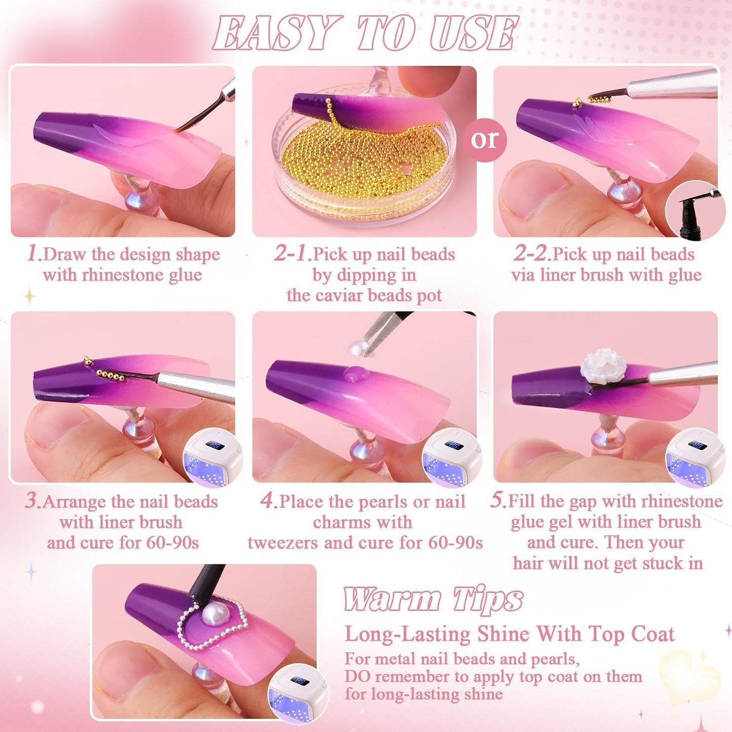 Flatback Pearls (White), Metal Nail Beads (Silver), and Glass Rhinestones (Clear) for Nail Art, Charms, and Round Caviar Beads - Multi Shapes Crystals Gems for Manicure Decor