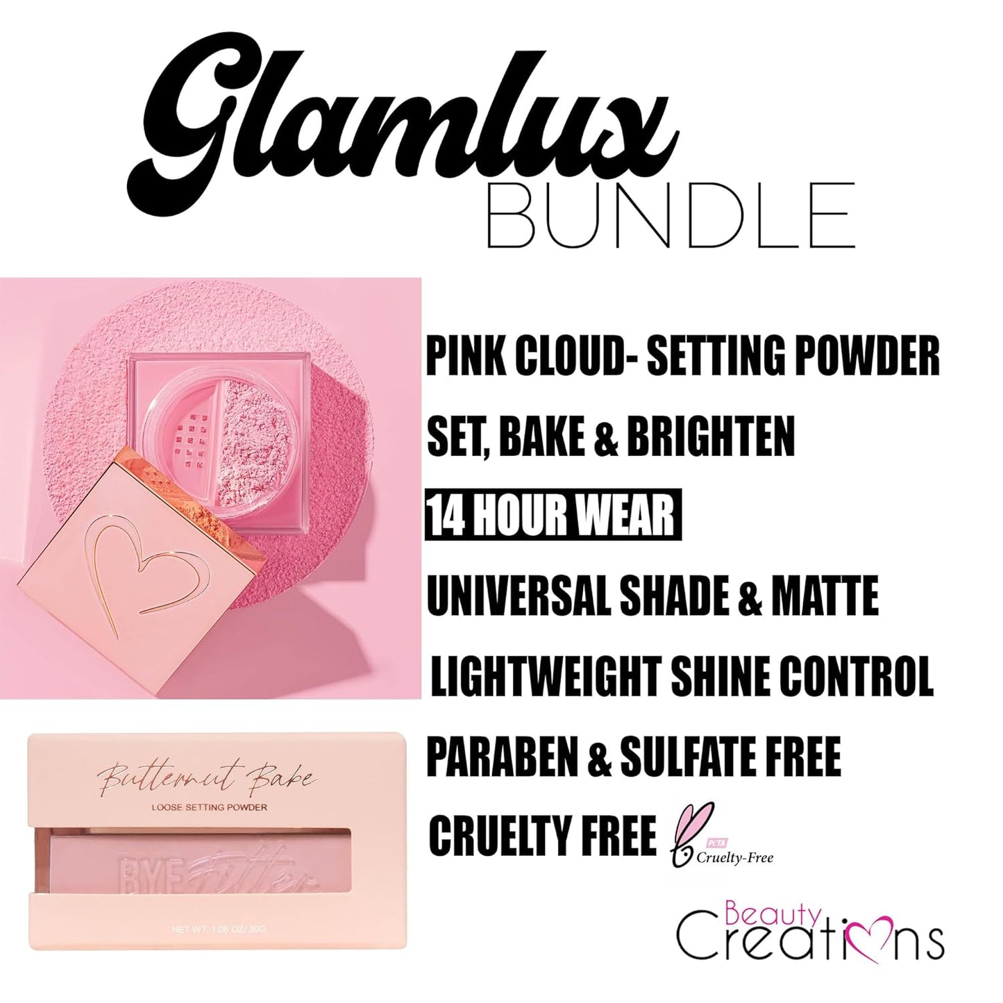 Beauty Bundle Beauty Creations Pink Cloud Pink Loose Setting Powder & Amorus Cloud Blur Matte Balm Foundation, Minimizes Pores, Matte Finish 14HR Shine Control (Ivory)