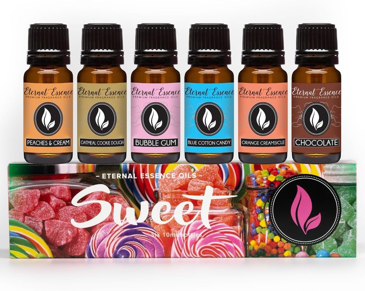 Eternal Essence Oils Sweet Set of 6 Premium Fragrance Oils - Includes Bubble Gum, Orange Creamsicle, Peaches & Cream, Blue Cotton Candy, Oatmeal Cookie Dough, and. Chocolate Scented Oils - 10ML