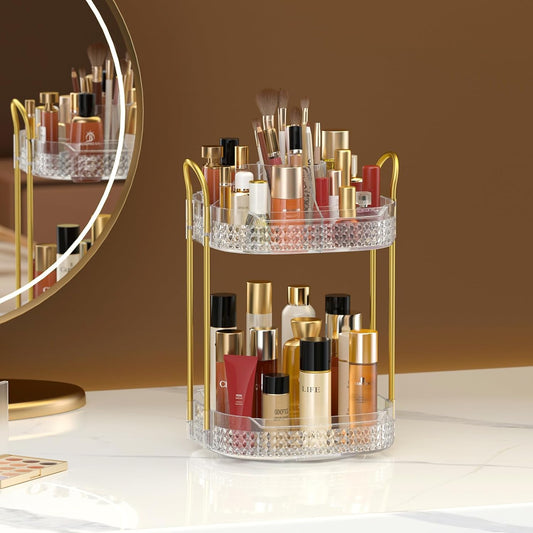Awenia Rotating Makeup Organizer 360, Stackable Adjustable Large Capacity Cosmetic Storage Unit,Dresser Bathroom Kitchen Countertop Organizer with Metal Handle, Plus Size (Clear, 2 Tier)