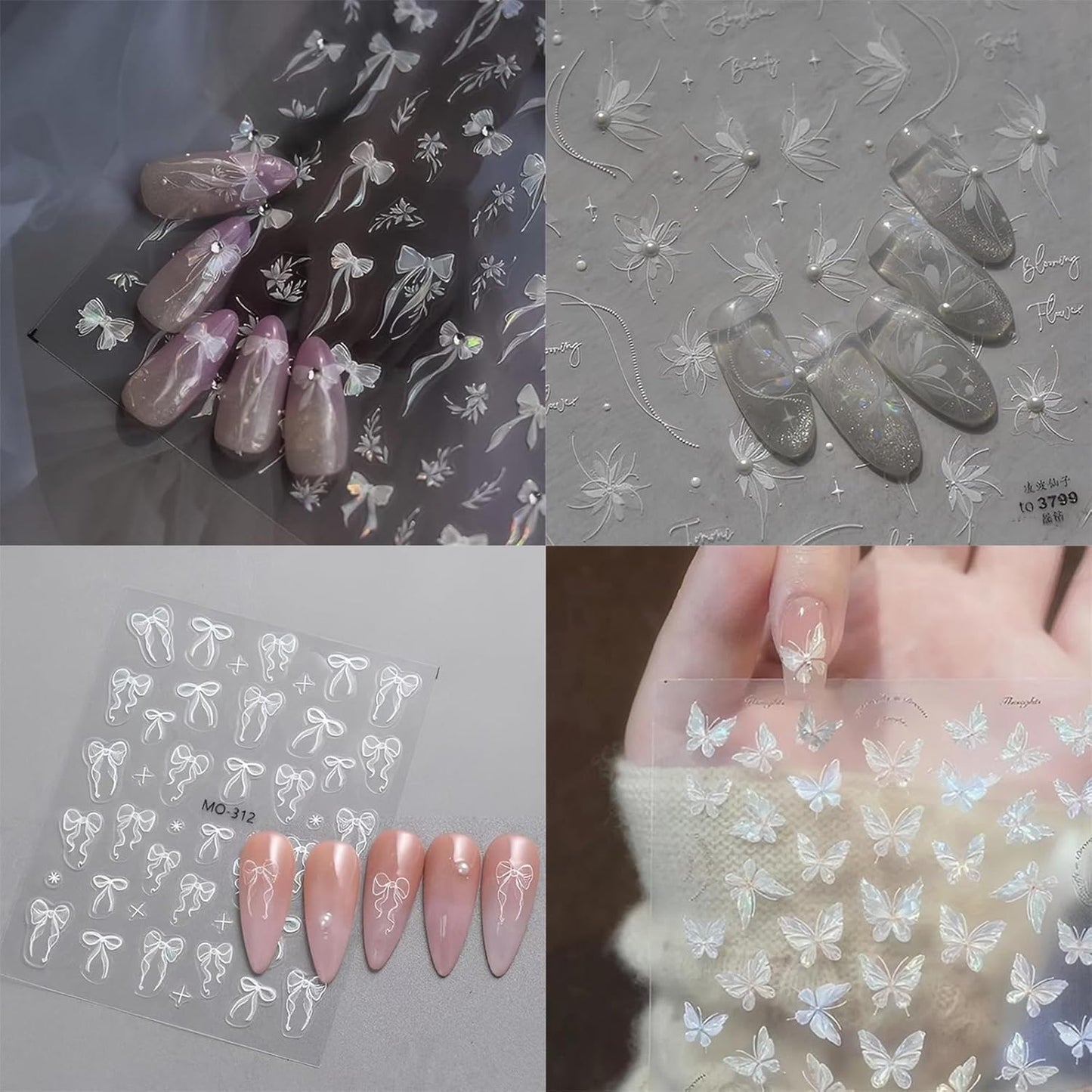 4 Sheets White Nail Art Stickers Decals Bow-tie Butterfly Nail Stickers 3D Self Adhesive with Pearls Nail Decals Supplies Nail Art Design Decoration Accessories for Women and Girls