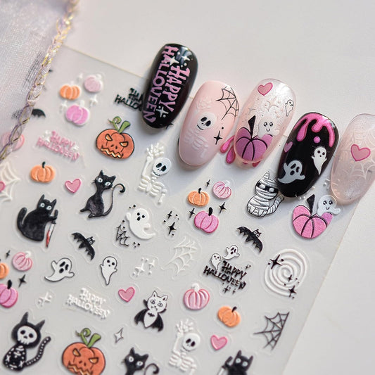 Halloween Nail Stickers for Nail Art Pink Black Cute Cat Skeletone Pumpkin Nail Art Stickers 5D Embossed Nail Decals 3D Self-Adhesive Nails Supply Manicure Sliders for Nails Decoration
