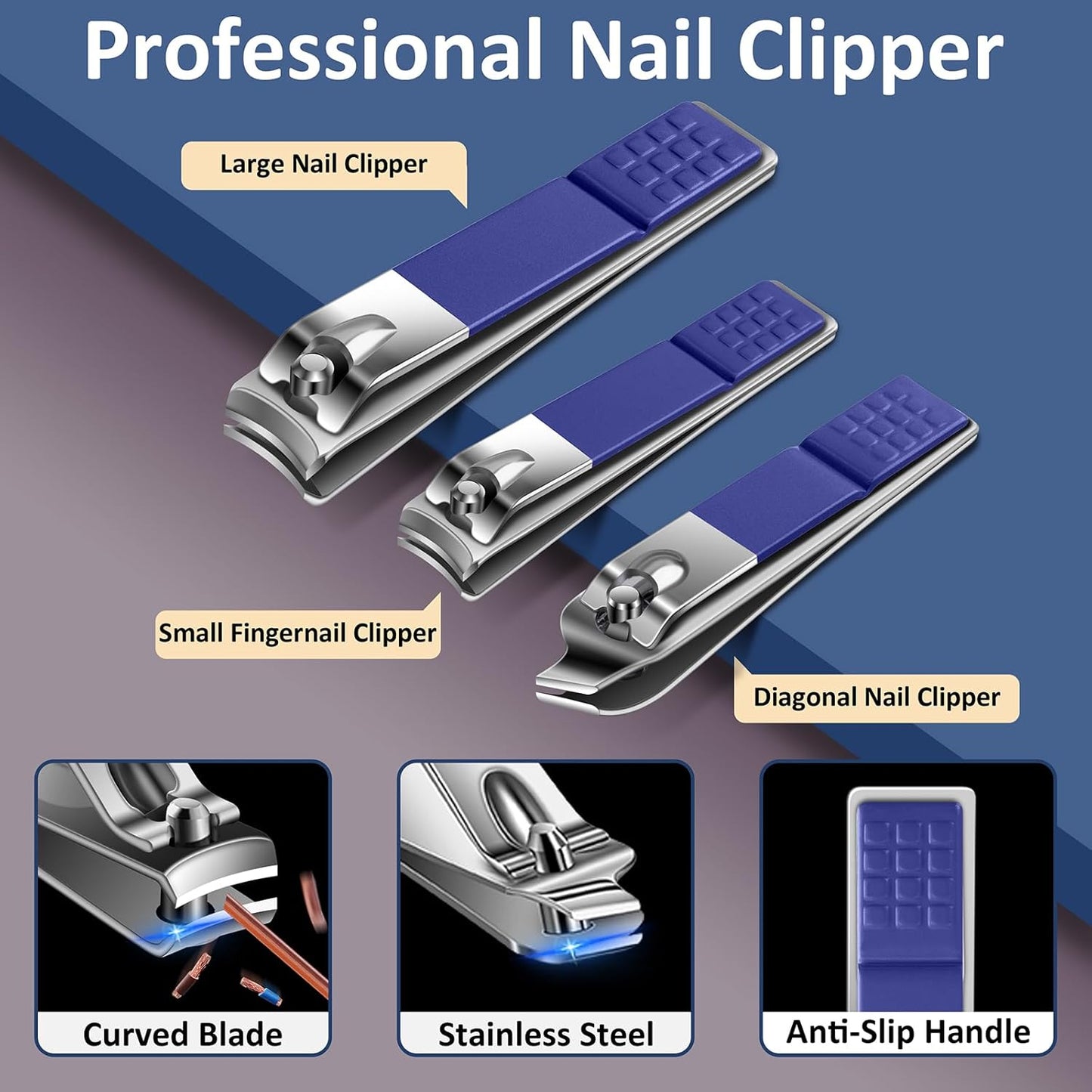 BLESWIN Manicure Set, 10 in 1 Professional Manicure and Pedicure Kit, Nail Care Kit for Women, Mens Nail Grooming Kit, Portable Nail Clipper Set Blue Leather Case for Travel Home