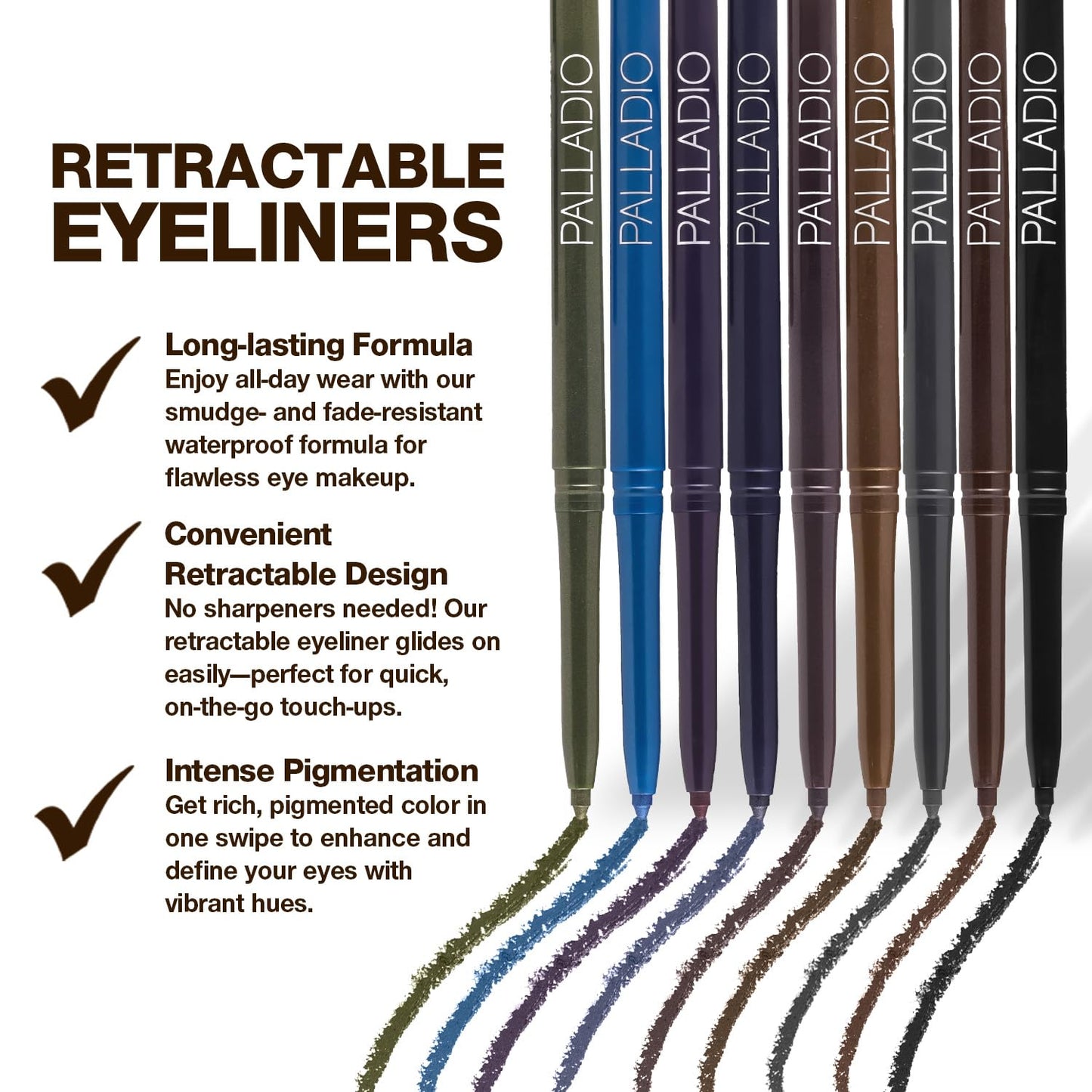 Palladio Retractable Waterproof Eyeliner, Richly Pigmented Color and Creamy, Slip Twist Up Pencil Eye Liner, Smudge Proof Long Lasting Application, All Day Wear, No Sharpener Required, Pure Black