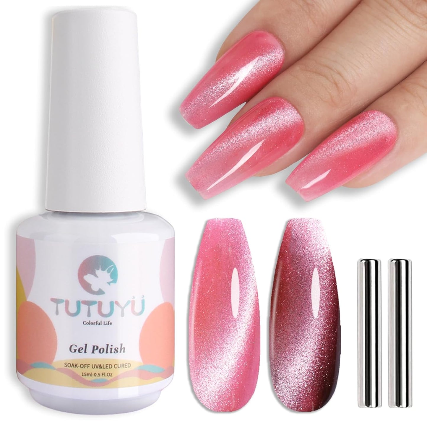 Coral Pink Cat Eye Gel Nail Polish,Crystal Holographic Magnetic Cateye Gel Polish, Pink Color Gel Silver Shimmer Velvet Soak Off Uv Led Home Diy Manicure- GP0083