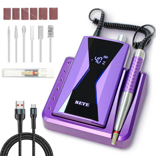 BETE Professional Nail Drill Machine, 0-40000RPM Brushless Durable Electric Nail File for Acrylic Gel Nails, Rechargeable Nail Drill with Charging Base with 6pcs Drill Bits for Salon Home, Purple