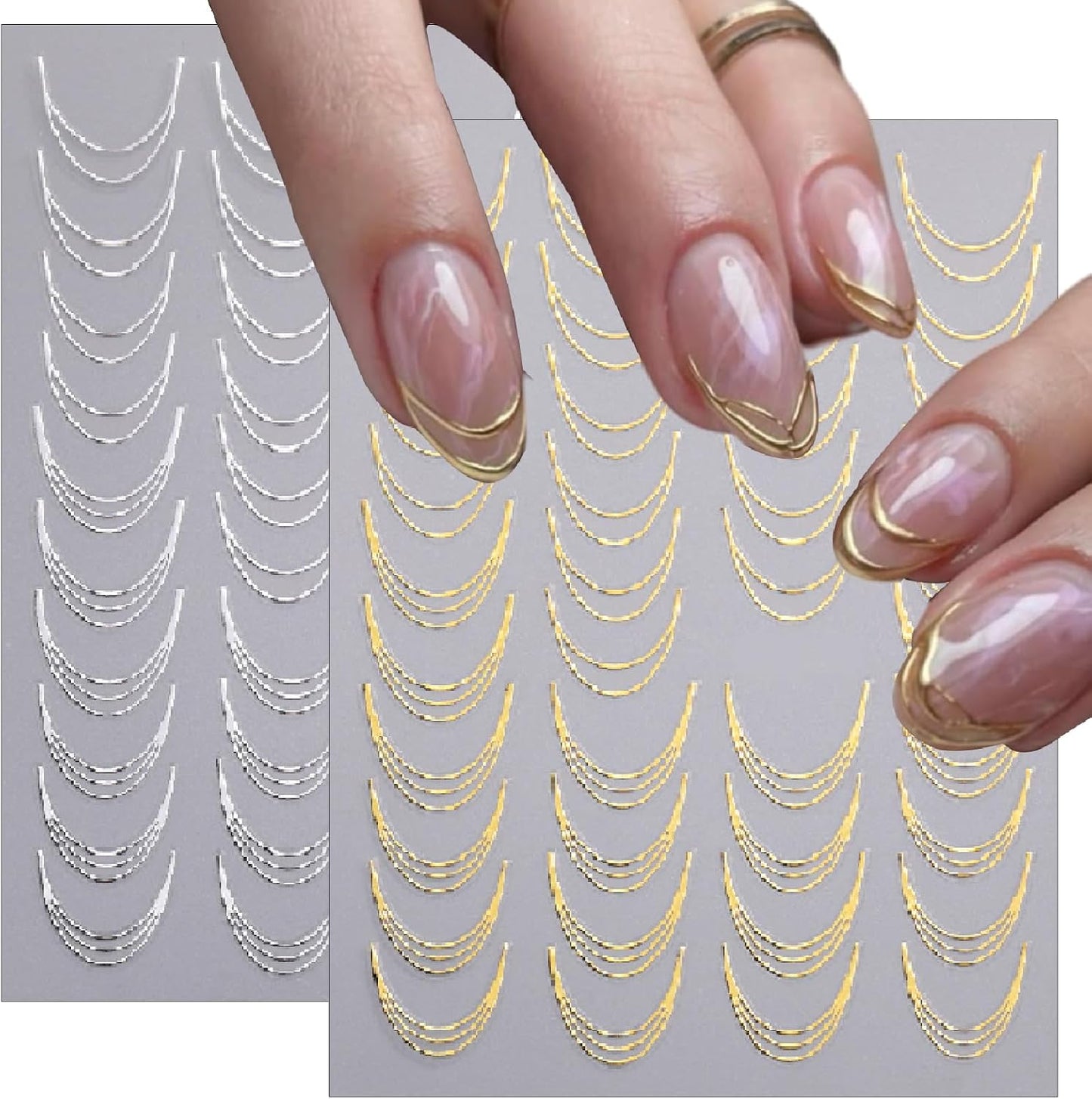 6 Sheets Lines French Tip Nail Art Stickers Gold Silver French Line Nail Decals 3D self-Adhesion Curve Lines Design French Nail Art Supplies for Women DIY Manicure Decoration