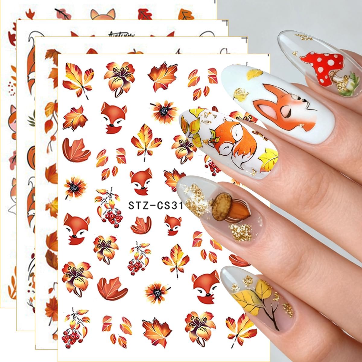 Fall Nail Art Stickers, Cute Fox Nail Art Decals 3D Self-Adhesive Maple Leaves Pumpkin Bow Nails Stickers Fall Blossom Flowers Nail Design 8Pcs Nail Art Supplies for Women Nail Decoration