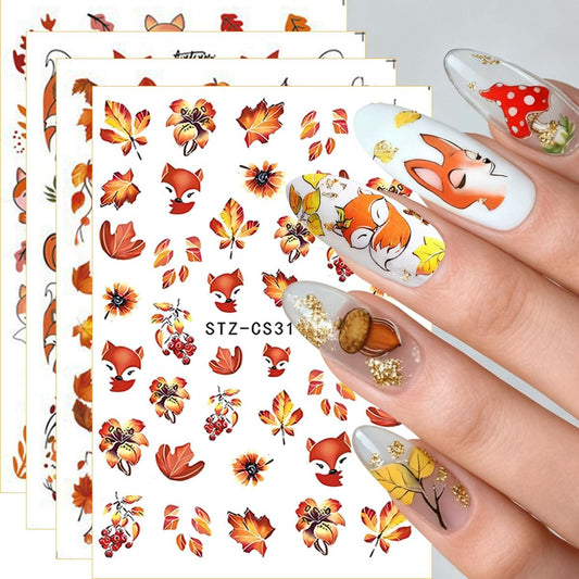 Fall Nail Art Stickers, Cute Fox Nail Art Decals 3D Self-Adhesive Maple Leaves Pumpkin Bow Nails Stickers Fall Blossom Flowers Nail Design 8Pcs Nail Art Supplies for Women Nail Decoration