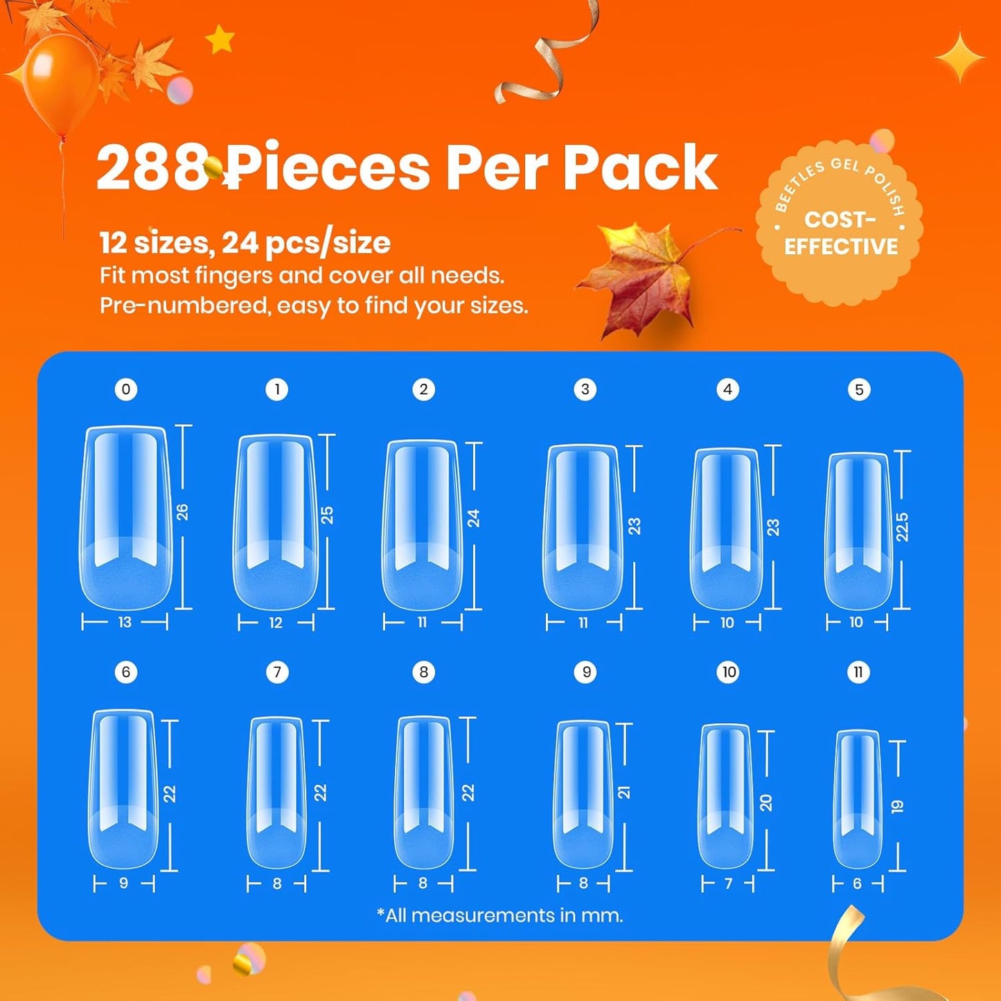 Beetles Gel Nail Tips Etch-X, Square Medium, 288Pcs 12 Sizes, Pre-Etched Half Matte Soft Acrylic False Nail Tips Full Cover Easy DIY Fake Press On Fall Nail Extension Salon Gift for Women