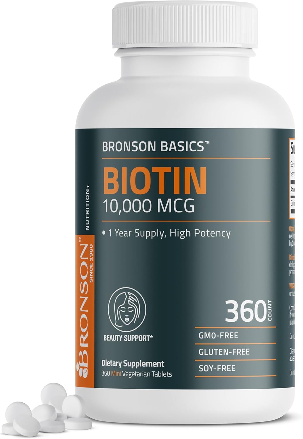 Bronson Biotin 10,000mcg, Supports Healthy Hair, Skin and Nails, Vegetarian, Non-GMO, 360 Tablets