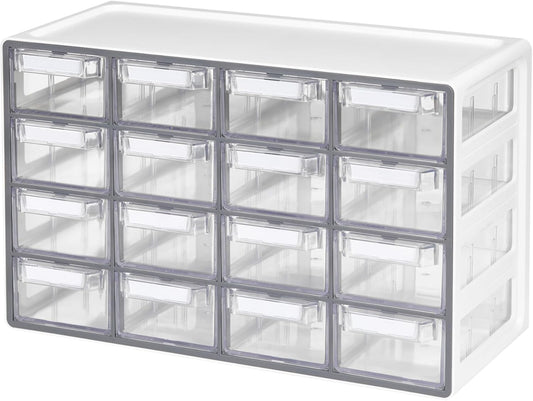 Blue Ginkgo Medium 16-Drawer Cabinet – Stackable Clear Organizer for Hardware, Beads, Plastic Bricks, Office, and Craft Storage (Made in Korea, Gray)