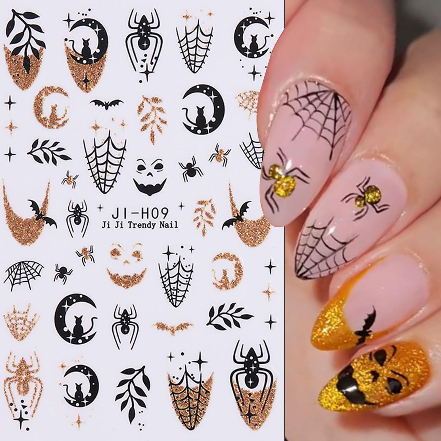 Halloween Nail Stickers 6PCS - Spooky Ghost Pumpkin Skull Cat Glitter Nail Decals, 3D Self-Adhesive Nail Art Supplies for Women, Festive Holiday Nail Decorations