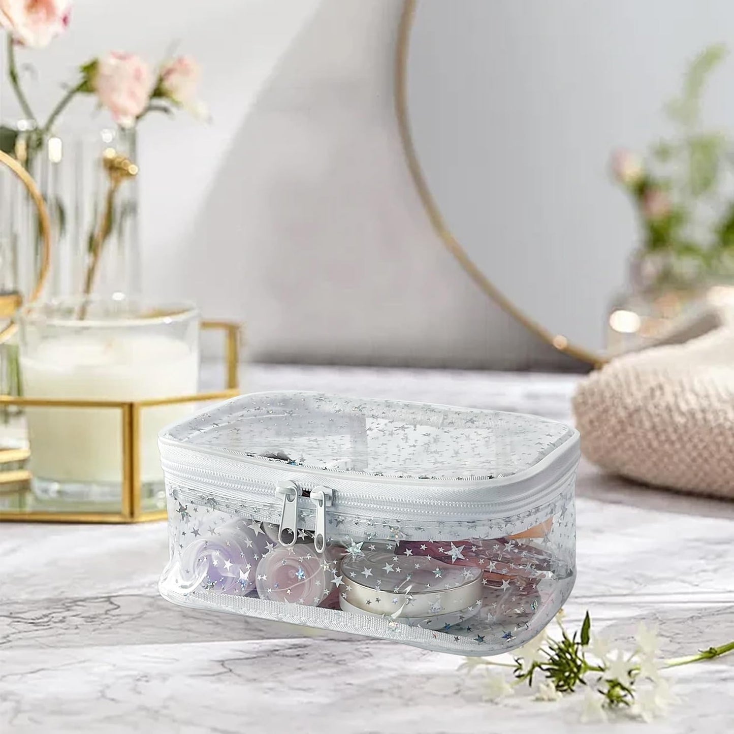 Holographic Makeup Bags Bulk,Clear Storage Bag Toiletry Pocket Portable Zippered Iridescent Pouch Waterproof Cosmetic Gift Bags for Women (White)