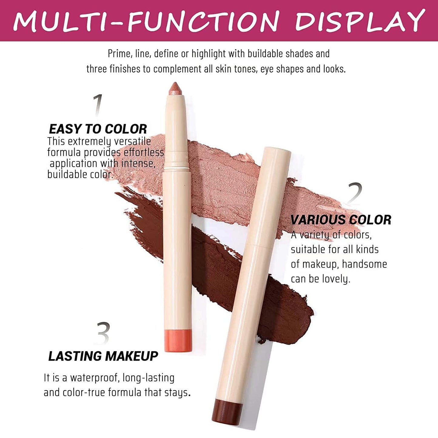 Brown Eyeshadow Stick, Smooth Cream Shimmer Eyeshadow Pencil, Waterproof Long Lasting High Pigmented Hypoallergenic Eye Shadow Highlighter Stick Create Multi-Dimension Eyes Look(16# Brown Shimmer)