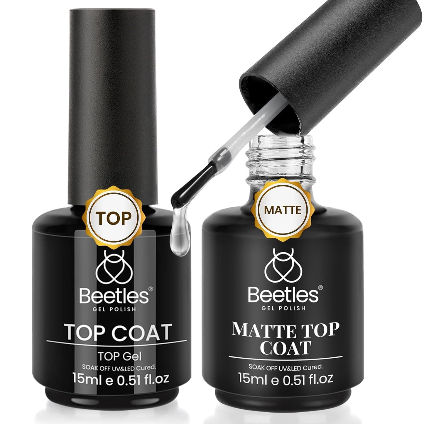 Beetles Matte Top Coat 2 Pcs 15ml No Wipe Gel Glossy Nail Polish Shine Effect Long Lasting Soak Off UV LED Nail Lamp