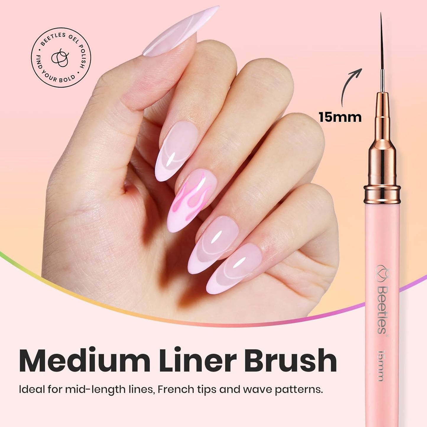 Beetles Gel Polish Nail Art Pens, 5pcs Nail Art Brushes Liner Brushes for Nails Pink Liner Sizes 5/9/15/20/25mm with Palette Holder Painting Manicure Design Tools for Long Lines, Details, Fine Drawing