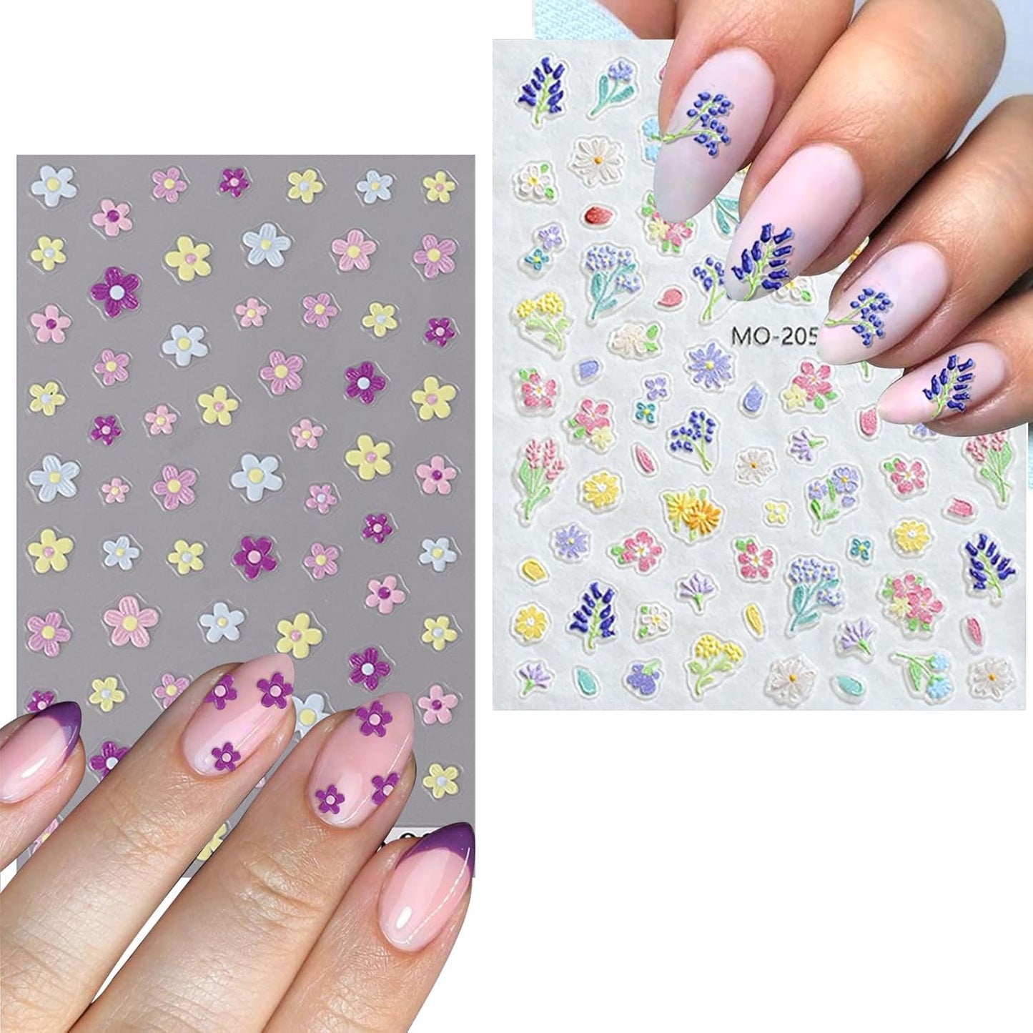 Flower Nail Art Stickers 7 Sheets 5D Nail Decals Spring Summer Nails Art Design 3D Self-Adhesive Supplies White Yellowe Daisy Flower Nails Decoration for Women DIY Design
