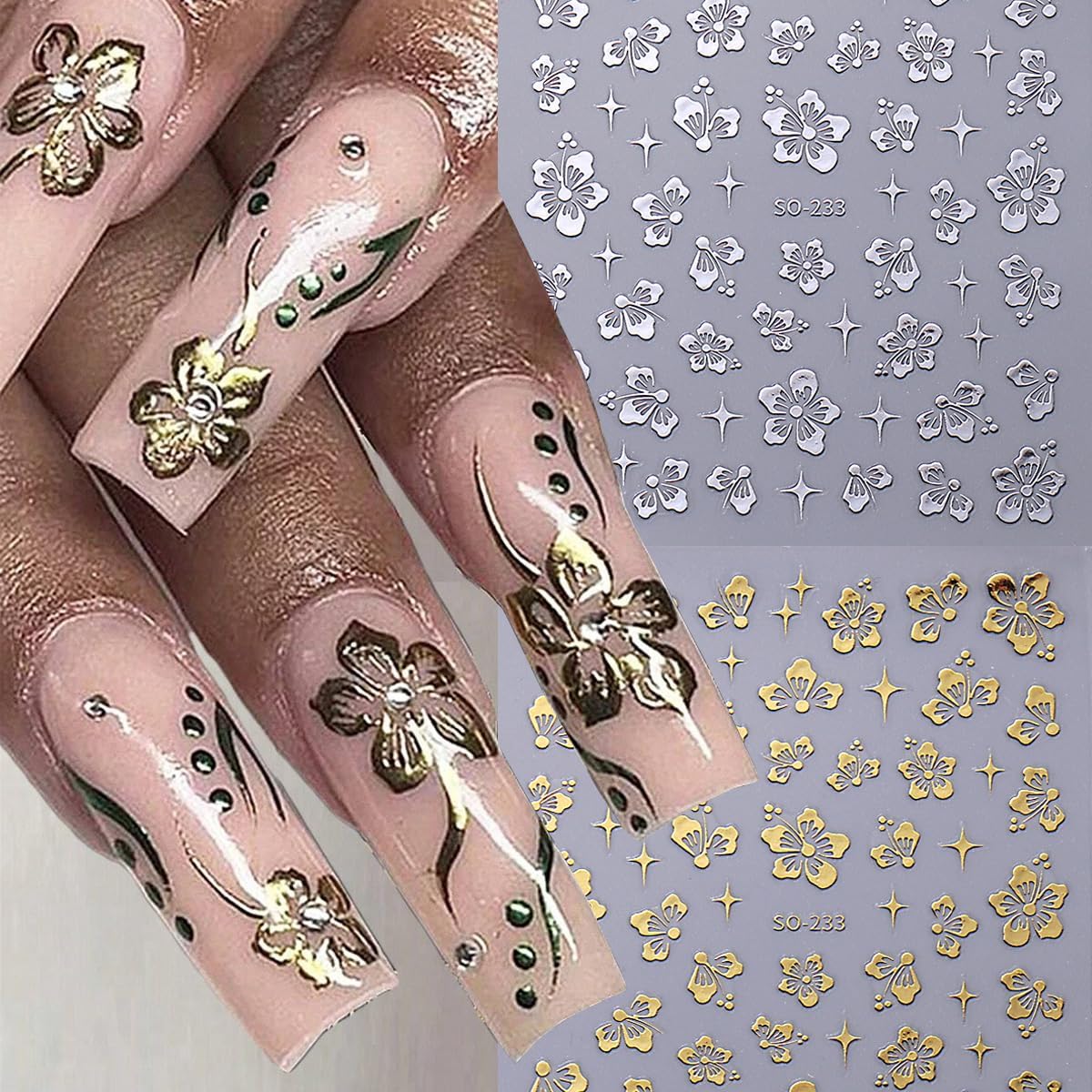 6 Sheets 3D Flowers Nail Art Stickers - Self Adhesive Decals in Gold, Silver & White/Blue/Pink for DIY Manicure