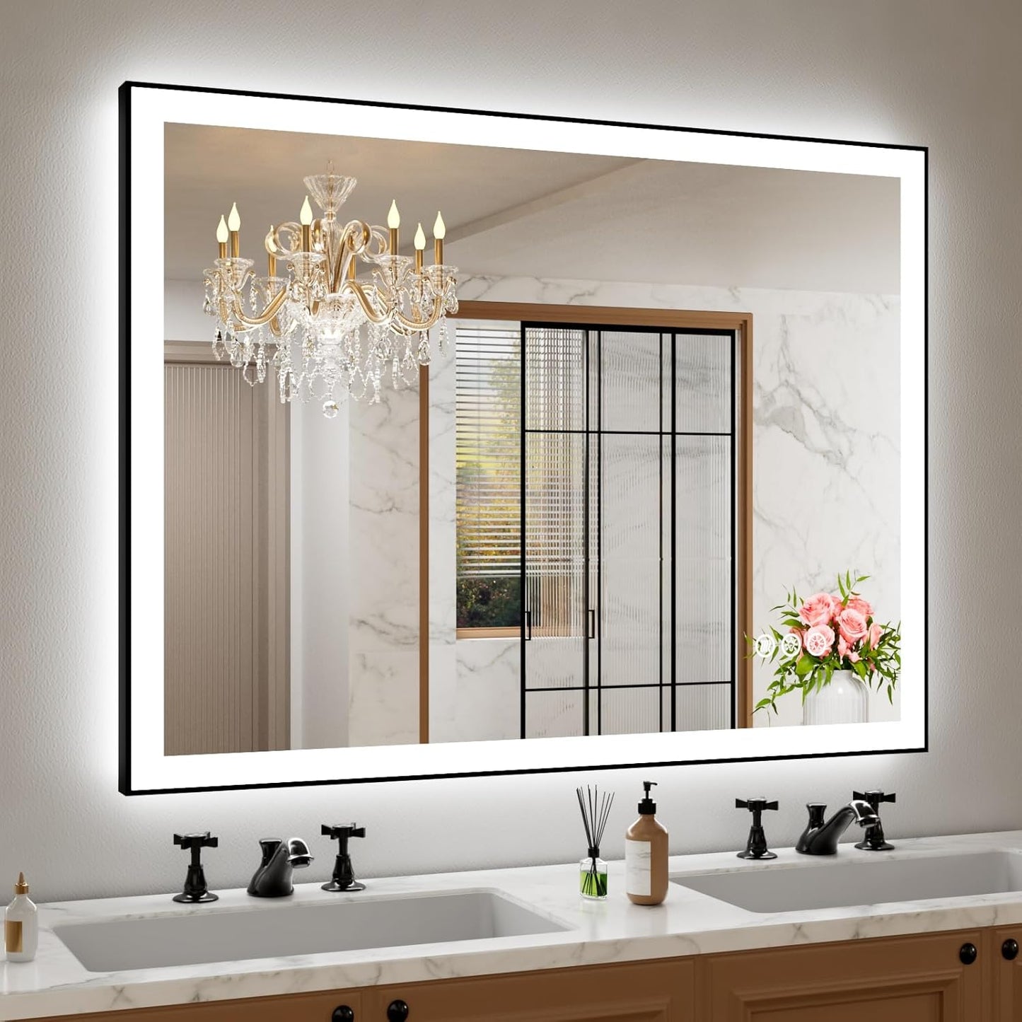 Amorho 48" X40" LED Bathroom Mirror with Black Frame, Front Light and Backlit(Controlled Separately), Stepless Dimmable, Anti-Fog, Shatter-Proof, 3 Colors, Memory