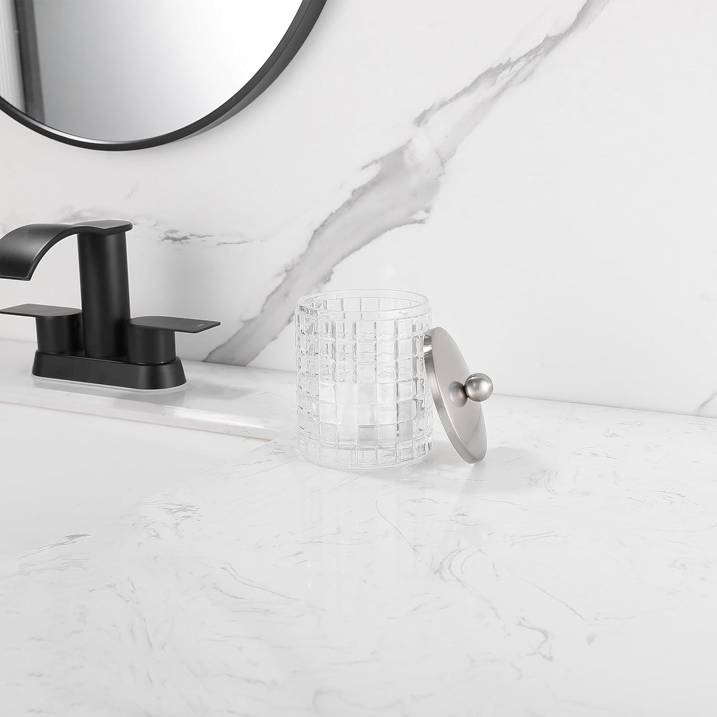 Glass Jar with Metal Lid for Bathroom Organization, Clear Apothecary Jar for Cotton Balls, Q Tips, and Small Accessories, Stylish Bathroom Storage Container Clear, Nickel