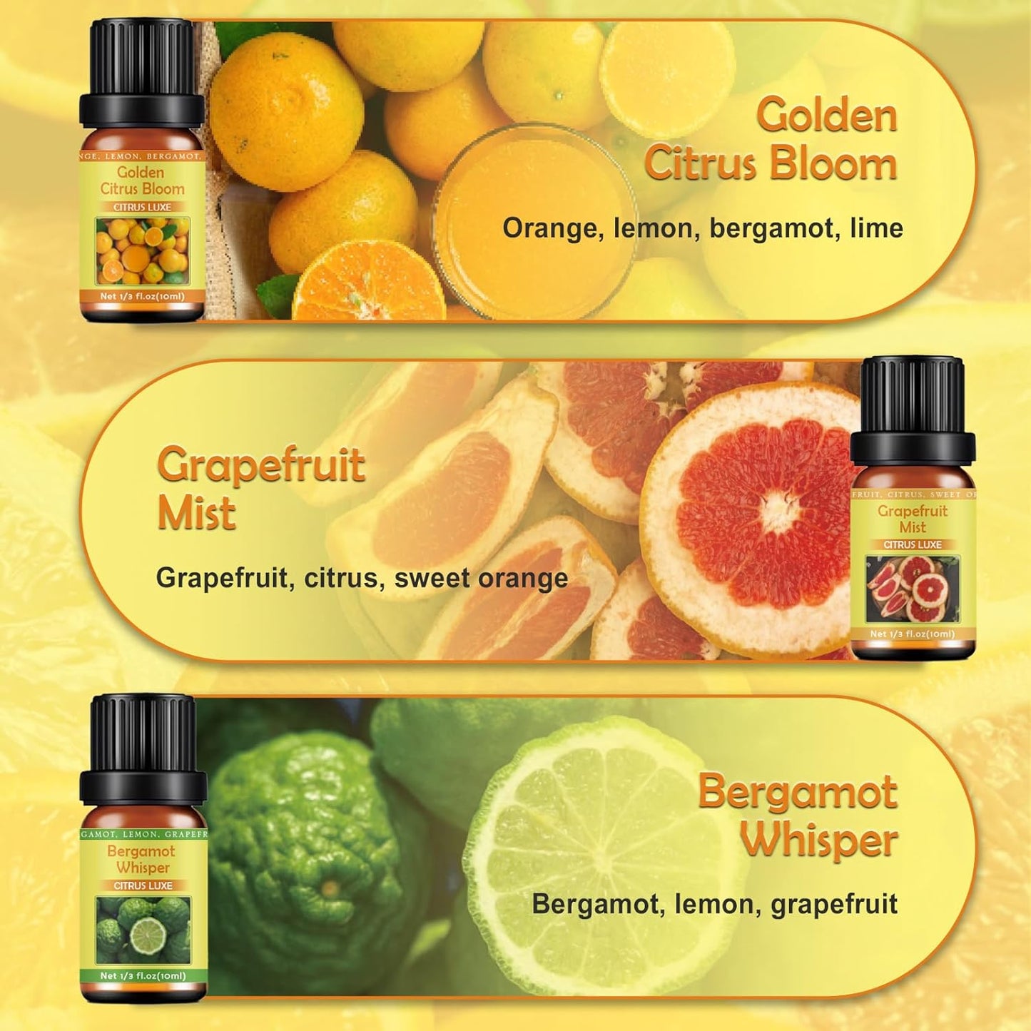 Citrus Essential Oils Set for Diffuser - 6x10ml Aromatherapy Oils Including Bergamot, Lemon, Grapefruit, Lime, Lemongrass, and Citrus Bloom - Essential Oils for Diffuser Use at Home or Office