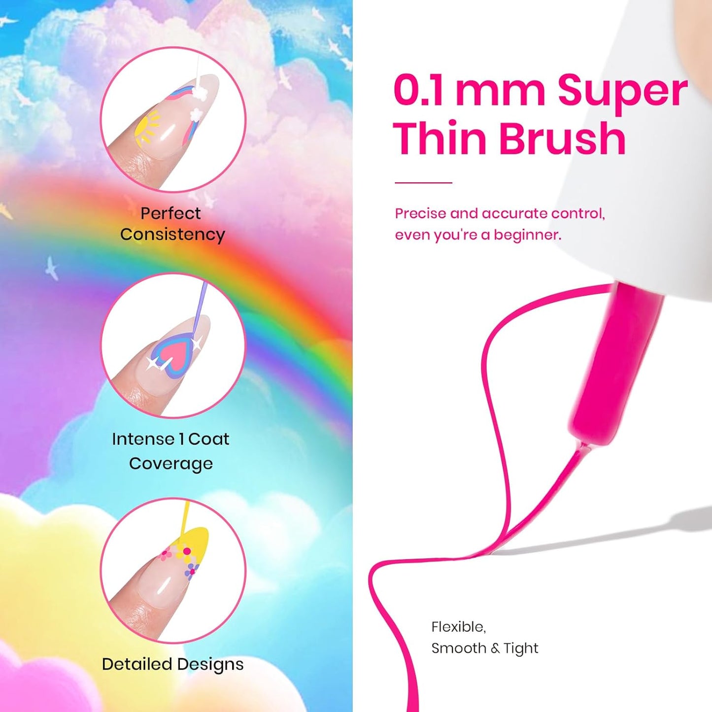 Beetles Summer Rainbow Nail Art Gel Liner Set, 12 Colors Neon Gel Nails Polish Pink Orange Blue Yellow Swirl Nails Built Thin Nail Art Brush in Bottle Soak Off Uv Lamp Manicure Salon Gifts for Women