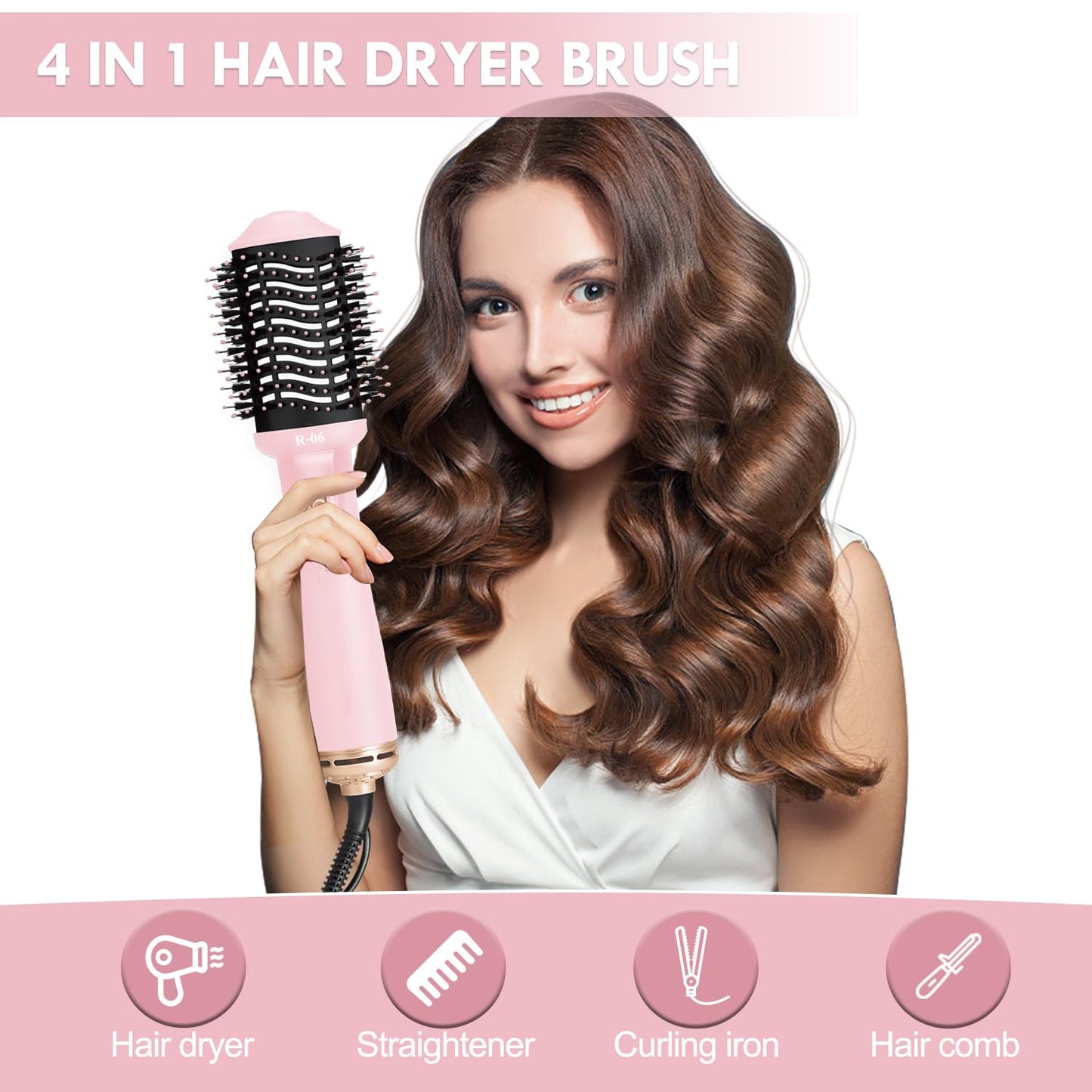 Hair Dryer Brush Blow Dryer in One, 4 in 1 Hair Dryer and Styler Volumizer with Oval Barrel, Professional Salon Hot Air Brush for All Hair Types, Bright Pink