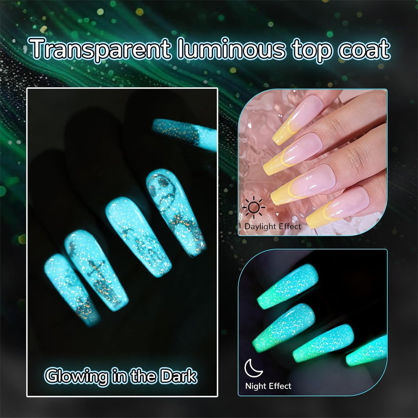 Glow In The Dark Gel Polish - Glitter Luminous Blue Nail Gel Top Coat with Fine glitter decoration No Wipe Long-lasting Transparent Glow UV LED Needed, Perfect for Any Festival Halloween